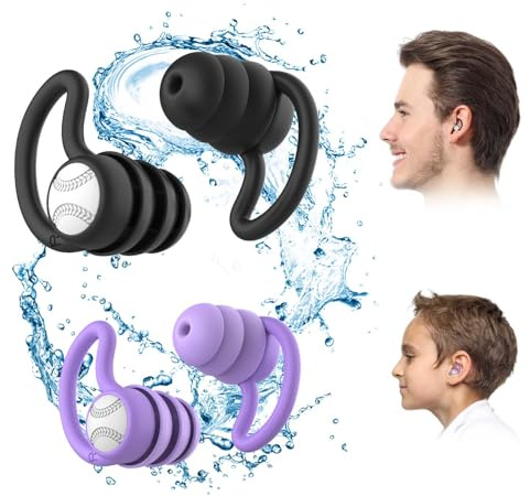 Tappi per le orecchie da nuoto per adulti, impermeabili, riutilizzabili, in morbido silicone, per doccia, nuoto, surf, snorkeling e altri sport acquatici (Nero+Viola)