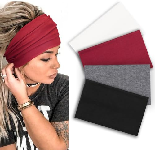 DRESHOW Pannband för Kvinnor Breda Halkfria Turban Hårband Mjuka Elastiska Träning Yoga Löpning Huvudband Flickor Tillbehör 4 Paket