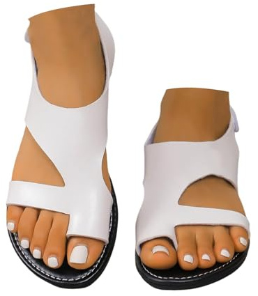 Sandals For Bunions Women 2025,Toe Loop Sandals For Women,Comfortable Casual Summer Flats Open Toe Soft Leather Comfy Buckle Roman Sandal Breathable Beach Walking Shoes,White