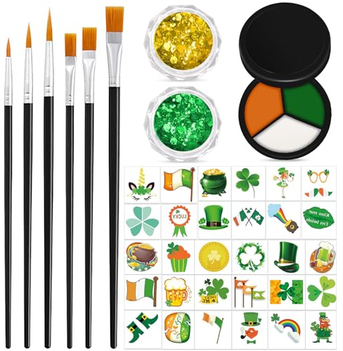 39 Pcs St. Patrick’s Day Makeup Kit 3 Colors Green White Yellow Face Paint Kit Body Glitter Shamrock Temporary Tattoos Makeup Brush for Irish Festival Rave Outfits Party Supplies