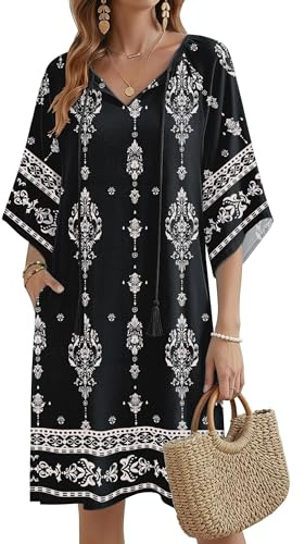 Zeagoo Women Dresses Summer Casual Beach Dress Boho Floral Sundress with Pockets Tassel Tie Neck Half Sleeve Tunic Dress