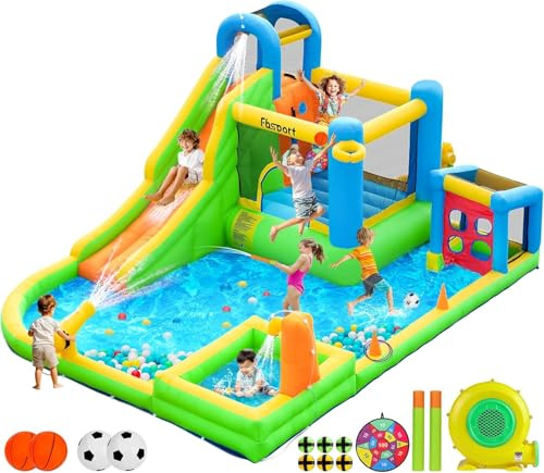 FBSPORT Castello Gonfiabile con Ventilatore 480 x 370 x 210 cm, Scivolo, Trampolino, Piscina, Parete da Arrampicata, Cannone ad Acqua, Basket, Cerchio, Tema Acquatico per Bambini 3-12 Anni