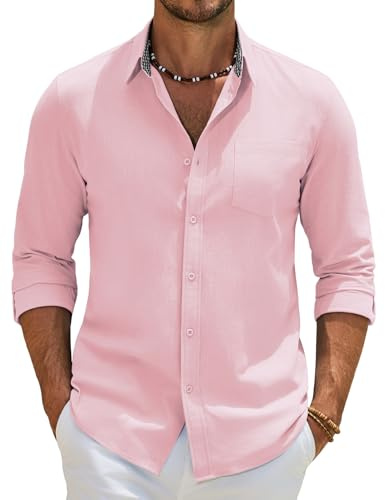 COOFANDY Mens Shirts Long Sleeve 100% Cotton Plaid Collar Pink XL