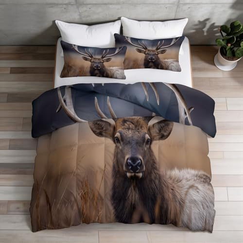 Djurtäcke utan överdrag 155 × 220 cm, 4 säsonger täcke brun med gräs älg horn design – tvättbar varm och mjuk året runt täcke med 2 örngott 80 x 80 cm