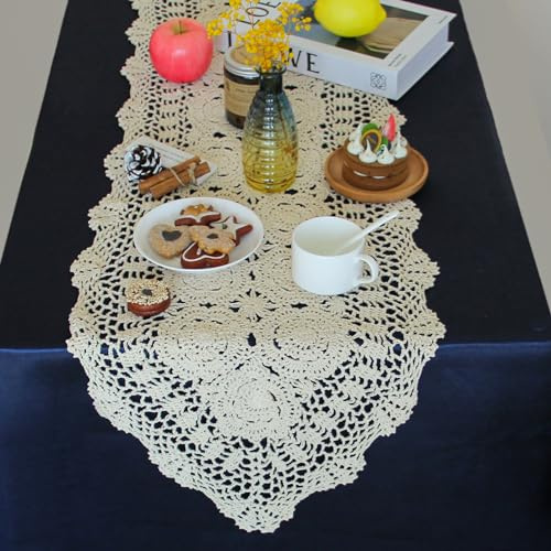kilofly Handmade Crochet Cotton Lace Table Runner Tablecloth, 15 x 79 inch