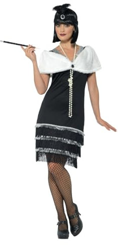 Smiffys Flapper-Kostüm, Schwarz, mit Kleid, Stirnband und Fellstola Halloween