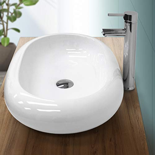ECD Germany Lavabo da Appoggio in Ceramica Bianco Ovale 630 x 420 x 120 mm Design Moderno Lavabo Moderdo Appoggio Ceramica Bianco Lavandino Ovale Lavamano Bacinella Lavamano per Ospiti Sanitari Bagno