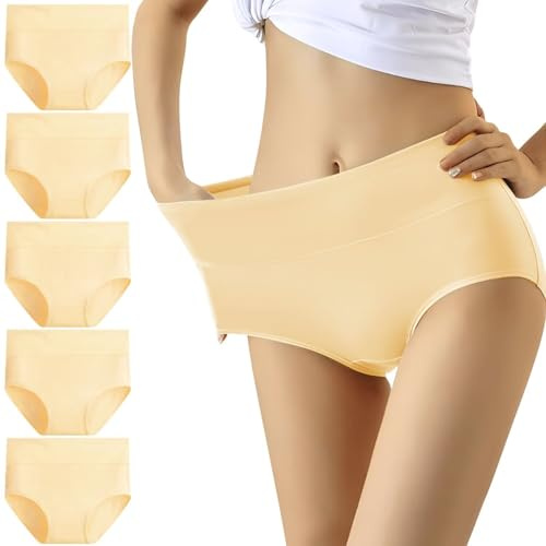 YouShow Kvinnors hög midja 5-pack bekväma bomullstrosor, Beige, L
