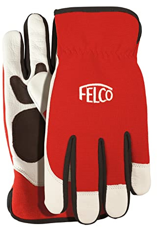 FELCO 702M Arbetshandskar med rött/vitt läder (storlek M, handflata + fingrar av läder, rygg av spandex, andningsbart material, 1 par trädgårdshandskar)