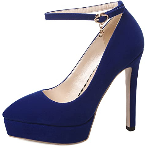 Lizoleor Decollete Donna Tacco A Spillo Alto Plateau Scarpe Punta con Cinturino alla Caviglia Sposa Prom Vestito Sera Cerimonia Blu Numero 39 EU/40CN