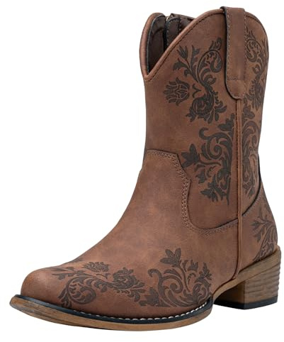 Jeossy Women's Cowboy Boots, Brown Cowgirl Ankle Western Booties with Square Toe Low Heel, Short Comfortable 9805 Boot with Zipper Size 7.5(DJY9805 Brown 07.5)