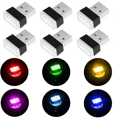 URAQT USB Car Ambient Lighting, 6 Pcs LED Car Interior Atmosphere Lights, Plug-in 5V Mini Interior Light for Cars, Laptops, Night Lights and Extra USB Plugs Decoration