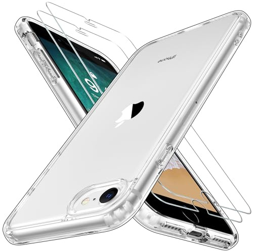 Niphabe Coque Compatible avec iPhone SE 2022/2020/7/8 avec 2 Verre Trempé, Anti-Jaunissement Dur PC Housse Anti-Rayures Protection Case Antichoc Bumper TPU Coque iPhone SE 2022 (Transparente)