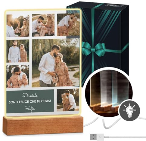 Maverton Cornice LED luminosa con supporto in legno, Quadro in vetro | Acrilico personalizzato con collage di foto, Lampada con foto per uomo per il compleanno, Dono, L, 15x24x4,5cm