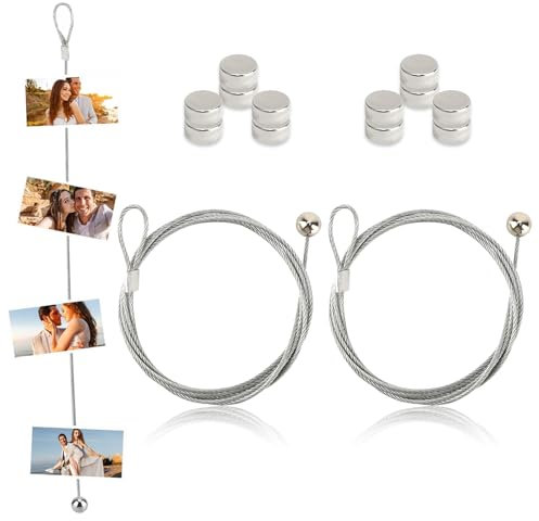 2 Pcs Fotoseil Fotodrahtseil, Magneten Fotoleine 200 cm x 1,5 mm, Fotodraht mit magneten Seil, Bildaufhängung Seil, Bilderseil Zum Aufhängen Foto Postkarten