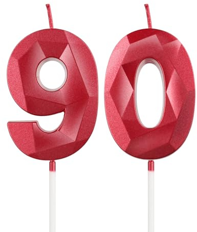 mciskin Red 90th Birthday Candles, 3D Number 90 Candles for Cake, Women Men 90th Birthday Decorations,Pearl Red Candle Cake Topper Decorations for Birthday Party Weddings Anniversary Supplies