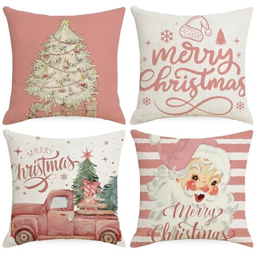 Weihnachtskissen Kissenbezug Weihnachten Kissenbezug Weihnachtsdeko Innen Rentier Deko Weihnachtskissenbezug Winter 4 Stück Decoration Leinen Kissenhülle Weihnachten (A（40 X 40 cm, 4 Stück）)