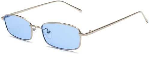 RUNHUIS Retro Klassische Kleine Rechteck Sonnenbrille Damen Herren Vintage Schlanke Rechteckige Metallrahmen Brille Silber/Blau