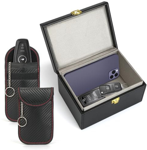 Keyless Go Schutz Autoschlüssel Box, mit 2 Stück Signalblockiertasche, RFID Blocker Autoschlüssel, Schwarz Schlüsselbox Keyless Go Schutz, XL Autoschlüssel Faraday Box, Autoschlüssel Schutz Keyless