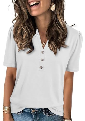 Famulily Womens Short Sleeve Tops V Neck Solid Colour Tunic Shirts Elegant Smart Blouses for Ladies UK White M