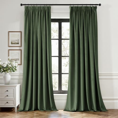 EMEMA Samtvorhang mit Kräuselband MatchaGrün Samt Gardinen Deko Blickdichte Vorhänge 2er Set, Schöne Dicke und Schwere Wohnzimmer Schlafzimmer Verdunkelung Thermovorhang Samt kräuselband, H245xB140 cm