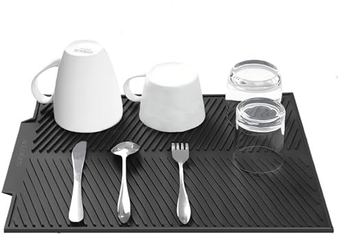 SOQKEEN Alfombrilla Escurreplatos de Silicona, 50 x 40 cm escurreplatos silicona, soportes para platos, antideslizante, resistencia a altas temperaturas, Alfombrilla para secar Platos, Negro