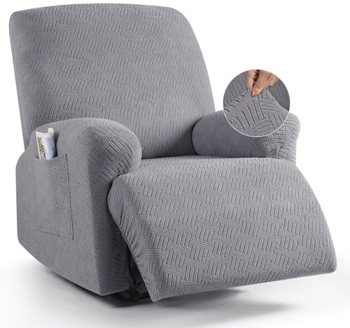 KinCam Jacquard Recliner Chair Cover, Stretch Armchair Covers with Armrest & Pocket, Soft Couch Cover Sofa Protector for Dogs & Pets, Washable Non Slip Sofa Slipcover (1 Seater, Light Grey)