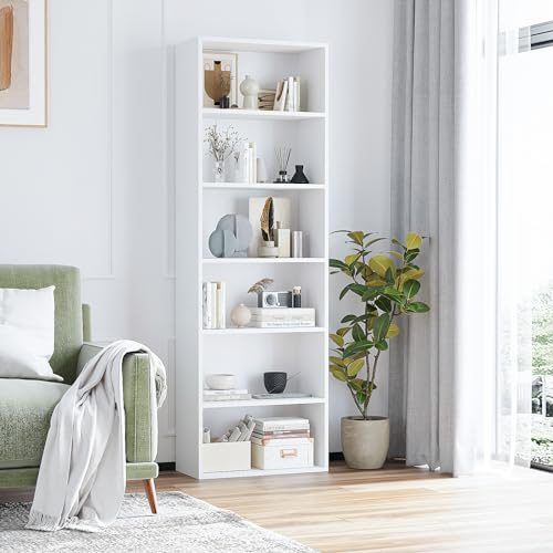 OneBlis 6-Tier Book Shelf, Floor Standing Open Bookcase, Wooden Display Storage Shelves with Anti-Tipping Device, 71 Tall Bookshelf for Bedroom, Living Room and Office, White
