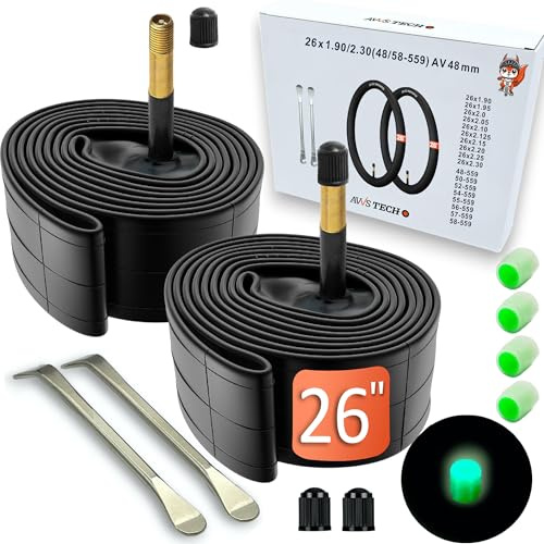 Cámara de Bicicleta 26 Pulgadas AV 48 mm | 26x1.90 26x2.0 26x2.10 26x2.30 | válvula Auto Schrader válvula Larga | MTB Ciudad Trekking | Pack de 2 Incl. Tapones Luminosos