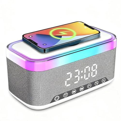 PORFOYO Réveil Bluetooth Digital, Réveil Enceinte Bluetooth avec Chargeur sans Fil 15W, Lumière de Nuit 6 Couleurs, Haut-Parleur Bluetooth, Blanc
