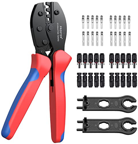 Proster Solar Crimpzange Set für 2.5/4.0/6.0mm² Solarpanel PV Kabel 10 Paar Männlich/Weiblich Solarstecker + 1 Paar Solar Steckverbinder Schraubenschlüssel für Solarpanel Kabel Anschluss