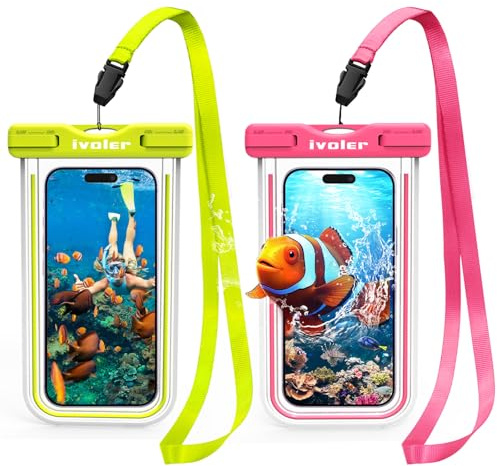 ivoler [IPX8 Certificado [2 Unidades] Funda Bolsa Móvil Impermeable Universal para Xiaomi, iPhone, Samsung Galaxy, Huawei, Smartphones, Monedas, Pasaporte, etc. (Verde+Rosa)