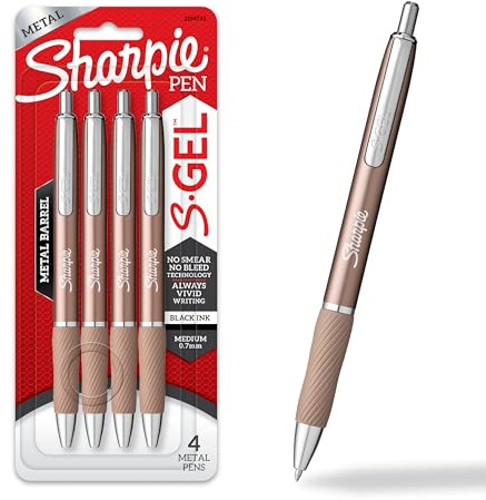 Sharpie S-Gel, Gel Ink Pens, Medium Point (0.7mm), Sleek Metal Barrel, Champagne, Black Ink, 4 Count - Drawing, Journaling, Writing, School, Teacher Supplies