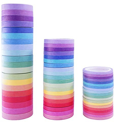 Phantomon Washi Tejpset 60 rullar och tunn 3 mm/5 mm/7,5 mm blandad washi-tejp dekorativ washi-maskeringstejp mångsidig hantverkstejp i solid, regnbågsfärg för barn, gör-det-själv, scrapbooking