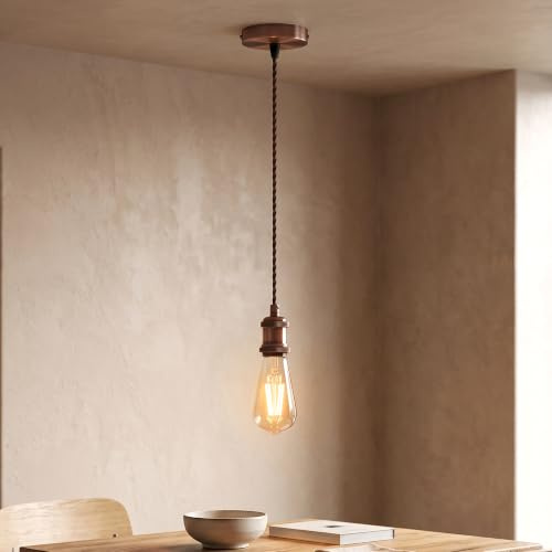 LEDSone Vintage Copper E27 Pendant Light Fitting | Adjustable Braided Cable Ceiling Hanging Lamp for Kitchen Island, Dining Room, Bar, Restaurant & Loft Lighting
