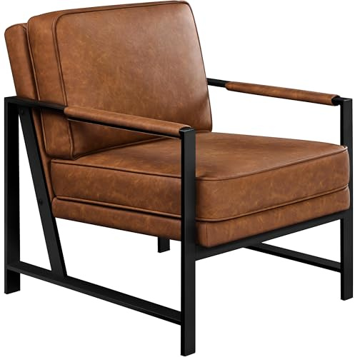 Yaheetech Poltrona Salotto Soggiorno Moderna Imbottita in Ecopelle Legno e Metallo Camera da Letto Ufficio Portata 136 kg Marrone Chiaro