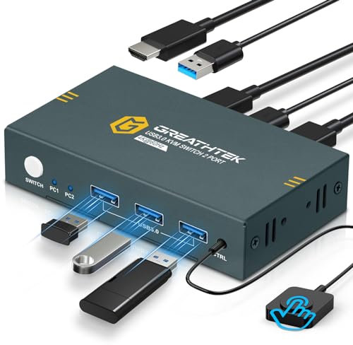 USB3.0 HDMI KVM Switch 2 Port, 4K@60Hz KVM Switches HDMI2.0, HDCP2.2, KVM Switch 2 PC 1 Monitor, Ultra HD, 3 USB3.0 ports, Shared Multiple USB3.0 Devices