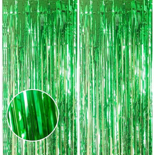 2 cortinas de 3.2 x 8 pies con flecos de papel de aluminio verde brillante para telón de fondo, cortina de oropel para fiestas, decoración de cumpleaños, escuela, graduación, despedida de soltera,