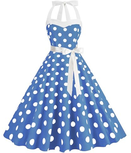 Women's Vintage Rockabilly Dress 1950s Cocktail Party Dress Polka Dot Halter Neck Sleeveless Retro Dresses A Line Swing Flowy Tea Dress Audrey Hepburn 50s 60s Dance Gown Clearance Light Blue