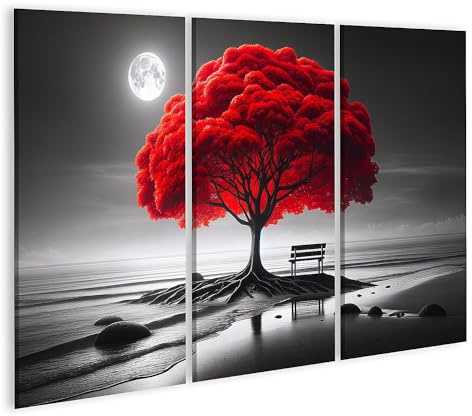 islandburner Prime Quadro su tela Albero Rosso Luminoso su una Spiaggia Monocromatica Con la Luna Immagini Quadri Poster