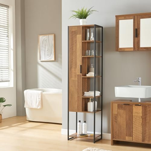 [en.casa] Armario Alto Namsskogan Columna de Baño con 6 Compartimentos Abiertos y 5 Cerrados Mueble Auxiliar Alto Baño Puerta Aglomerado Estructura Metálica 160 x 24 x 30 cm - Efecto Nogal y Negro