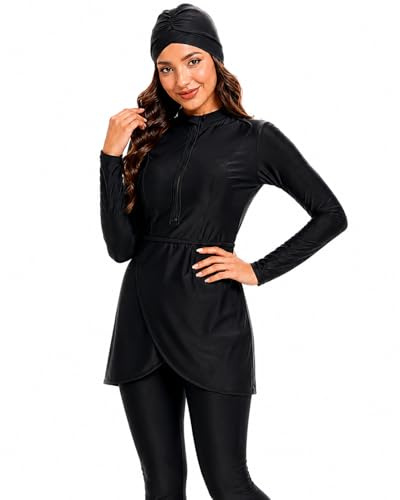 Fitted Modest Swimwear for Women – 3 Piece Burkini Set with Built-in Bra, Long Sleeve Top, Leggings & Swim Cap Hijab – Full Coverage Quick Dry Swimsuit + Free Towel (3XL UK 16-18) Black