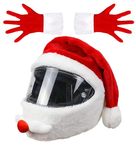 Christmas Santa Motorcycle Helmet Cover With Gloves, Plush Festive Hat for Full Face Helmets - Men and Women