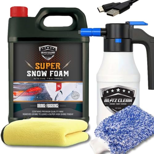 5L Snow Foam Plus 1.5L Rechargeable Battery Snowfoam Sprayer Full Kit Inc Wash Mitt & Drying Cloth Wash Detailing Valeting Kit For Car Van Caravan Pressurised Snow Cannon Lance PRO Bundle (Orange)