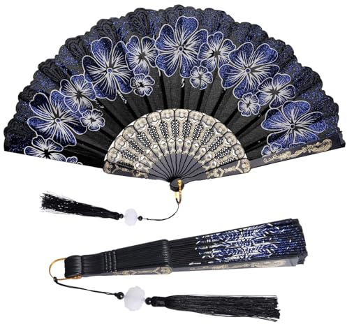 choyaxo Abanico plegable de mano con patrón de flores, abanico plegable chino para disfraces, bodas, bailes, fiestas, bricolaje, novia, abanico de mano (azul)