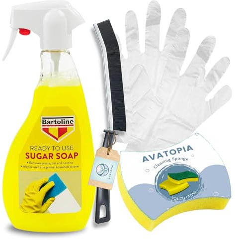Barto Line Sugar Soap Spray (500ml), Sponge, Crevice Brush and Plastic Gloves | Wall Cleaner for Painted Walls, Bathroom Cleaning Tool, Removes Grease, Grime & Nicotine Stains