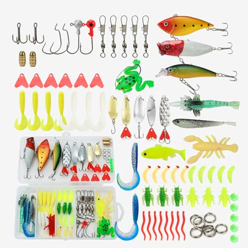 76 PCS Fishing Lures Kit, Widely Used Baits Mixed Set, Accessories, Hard Lures, Worms, Hooks, Jigs & Frog Bait, Freshwater Tackle Kit, for Bass Trout Carp Sea Fishing Gear Gifts for Men