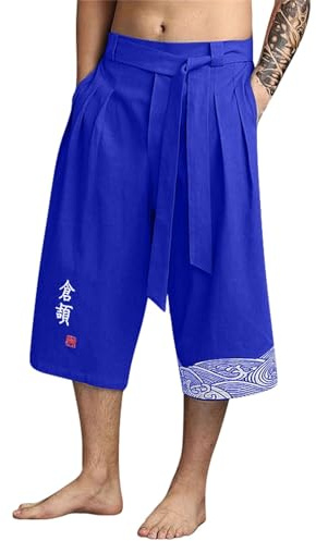 2025 Pantalon Japonais Homme Baggy 3/4 Pantalon Court Taro pour Hommes en Lin Vêtements Asiatiques Kimonos Traditionnels Japonais avec Cordon de Serrage Pantacourt DéContracté, Ample, Style Japonai