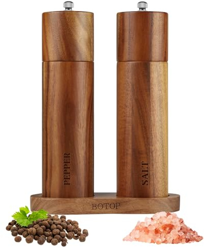 Acacia Wood Salt and Pepper Grinder Set with Base - Adjustable Ceramic Rotor Manual Pepper Mill and Salt Shaker - Refillable Wooden Spice Grinders for Kitchen Cooking, Farmhouse Decor & Gifts