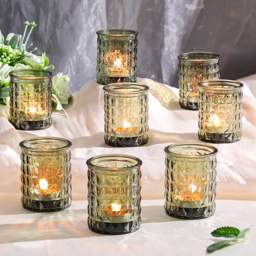 LETINE 12 Stück Teelichthalter, Glas Kerzenhalter, Langlebig und Hochwertige Grüner Teelichtgläser, 6,7 X 5,5 cm kerzengläser, Geeignet für Partys, Festivals, Hochzeiten, Heimdekoration